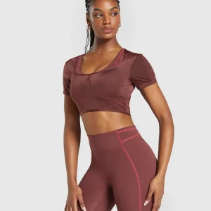 Hot Gymshark Stitch Feature Crop Top BurgundyBrown