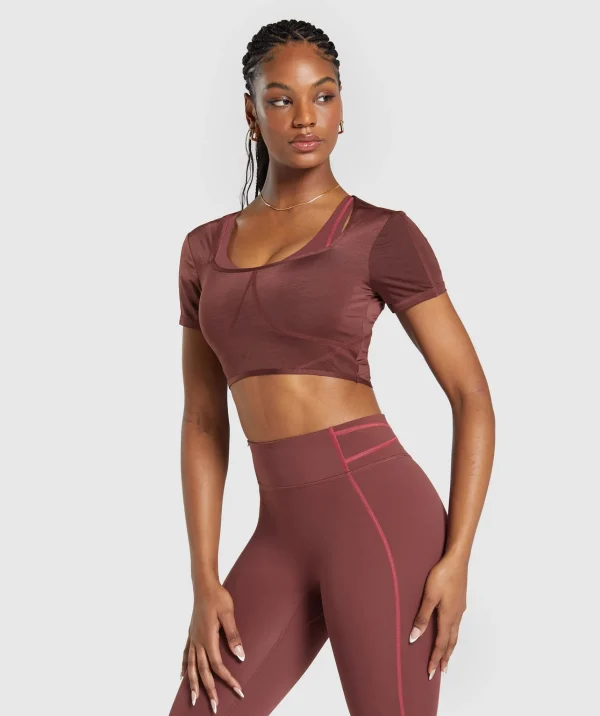 Hot Gymshark Stitch Feature Crop Top BurgundyBrown