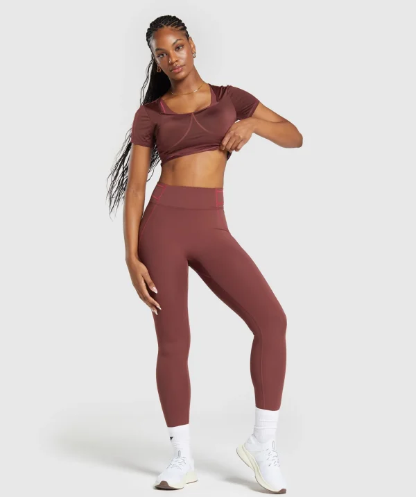 Hot Gymshark Stitch Feature Crop Top BurgundyBrown