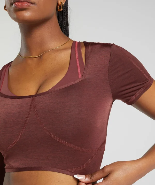 Hot Gymshark Stitch Feature Crop Top BurgundyBrown