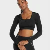 Best Gymshark Stitch Feature Long Sleeve Crop Top Black/StockBlackMarl