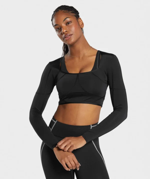 Best Gymshark Stitch Feature Long Sleeve Crop Top Black/StockBlackMarl