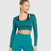 New Gymshark Stitch Feature Long Sleeve Crop Top OceanTeal