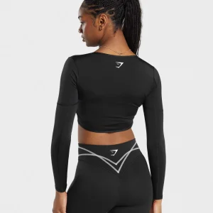 Best Gymshark Stitch Feature Long Sleeve Crop Top Black/StockBlackMarl