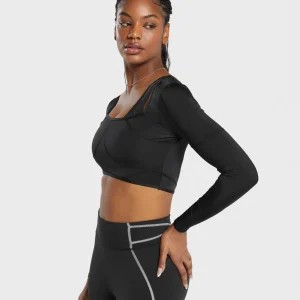 Best Gymshark Stitch Feature Long Sleeve Crop Top Black/StockBlackMarl