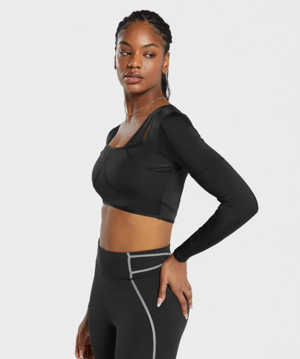 Best Gymshark Stitch Feature Long Sleeve Crop Top Black/StockBlackMarl