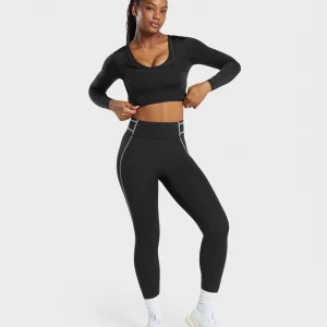 Best Gymshark Stitch Feature Long Sleeve Crop Top Black/StockBlackMarl