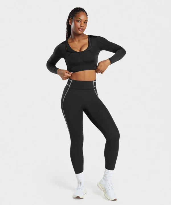 Best Gymshark Stitch Feature Long Sleeve Crop Top Black/StockBlackMarl