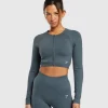 Hot Gymshark Sweat Seamless Long Sleeve Zip Crop Top TitaniumBlue