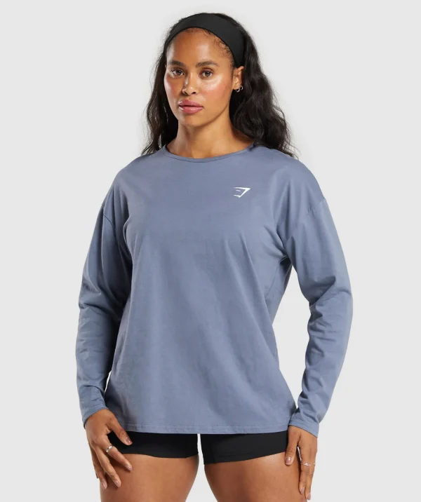 New Gymshark Training Oversized Cotton Long Sleeve Top IronBlue