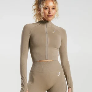 Hot Gymshark Vital Seamless 2.0 Midi Zip Up Jacket VanillaBrownMarl