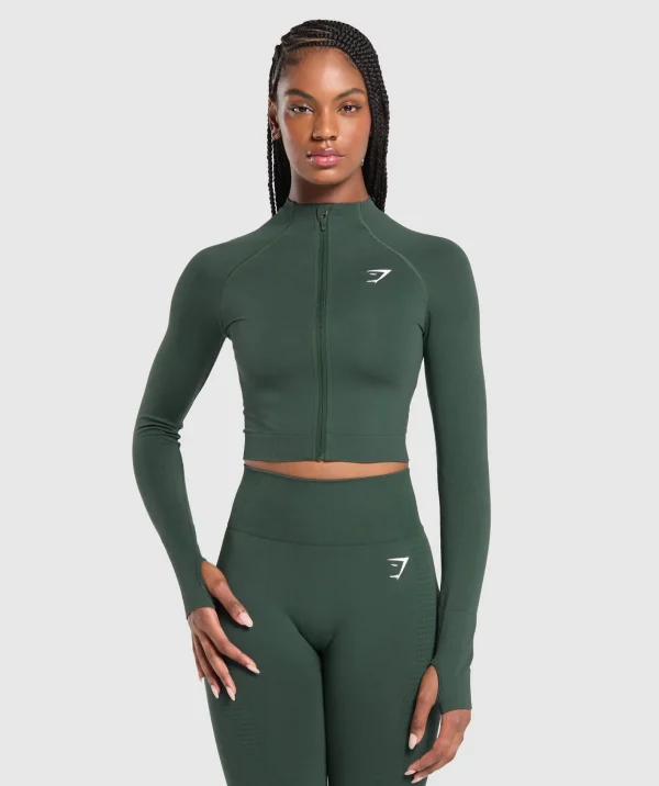 Discount Gymshark Vital Seamless 2.0 Midi Zip Up Jacket WoodlandGreenMarl