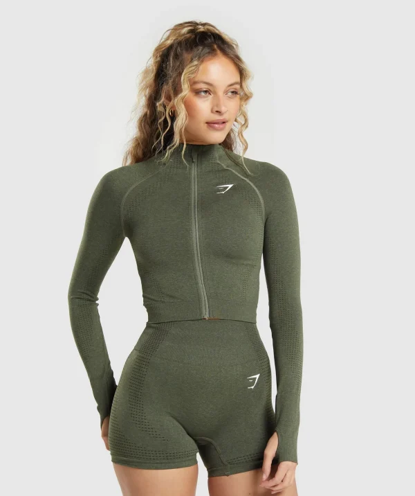 Fashion Gymshark Vital Seamless 2.0 Midi Zip Up Jacket BaseGreenMarl