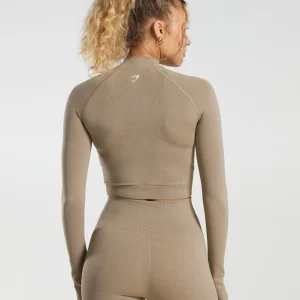 Hot Gymshark Vital Seamless 2.0 Midi Zip Up Jacket VanillaBrownMarl