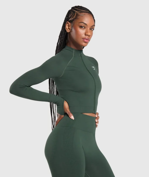 Discount Gymshark Vital Seamless 2.0 Midi Zip Up Jacket WoodlandGreenMarl