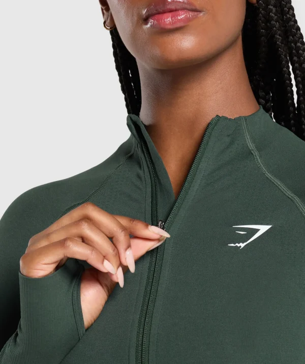 Discount Gymshark Vital Seamless 2.0 Midi Zip Up Jacket WoodlandGreenMarl