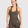 Outlet Gymshark Vital Seamless Halter Neck Tank With Shelf PennyBrownMarl