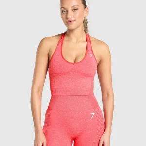 New Gymshark Vital Seamless Halter Neck Tank With Shelf CoralRedMarl