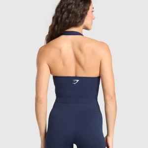 Sale Gymshark Vital Seamless Halter Neck Tank With Shelf HeavyBlueMarl