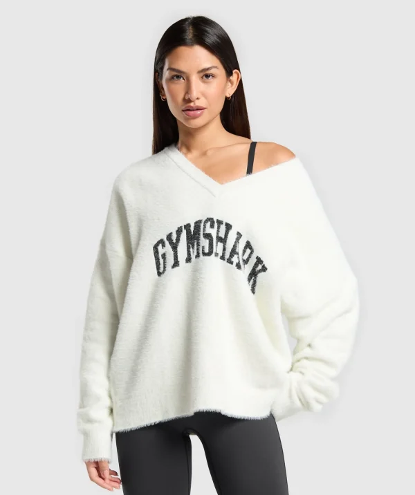 Fashion Gymshark V-Neck Knitted Jumper SkylightWhite