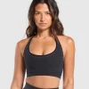 Outlet Gymshark Warp Knit Seamless Halter Neck Bralette Black/LinenBrown