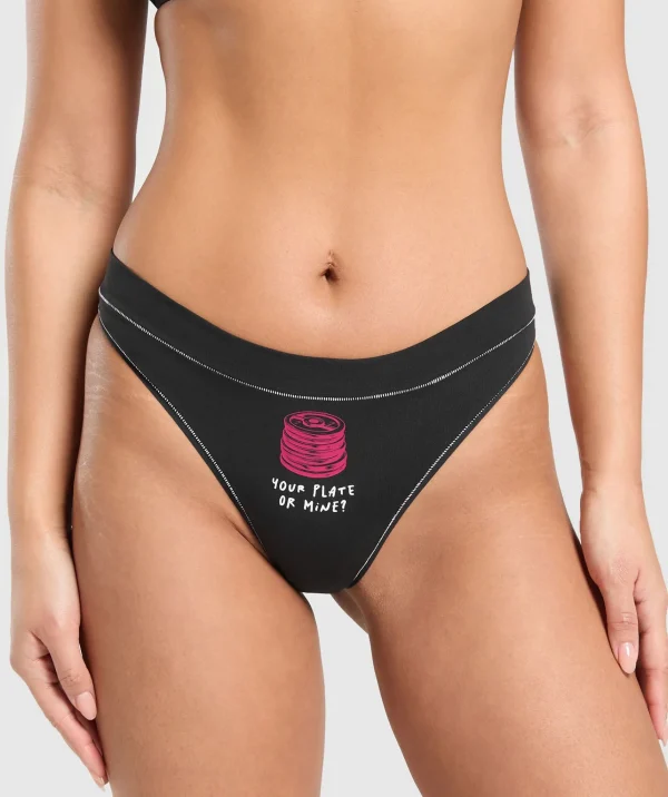 New Gymshark Your Plate or Mine Cotton Thong Black